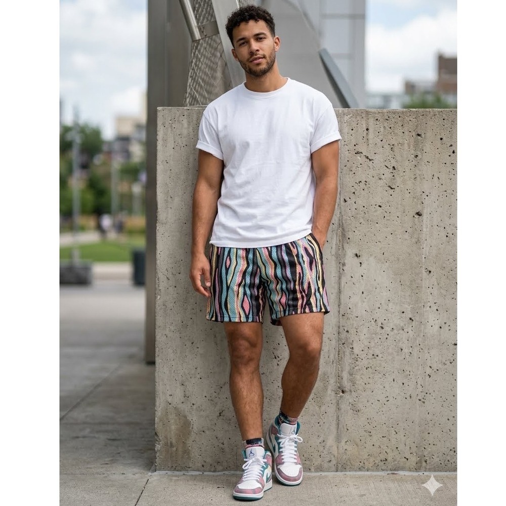 RSQ Mens Mesh Shorts Small Multicolor Abstract Wavy Stripe Athletic Streetwear